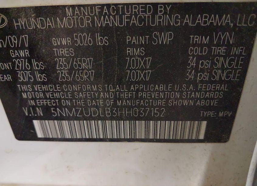 Photo 9 of 2017 Hyundai Santa FE SPORT 2.4L (VIN 5NMZUDLB3HH037152)