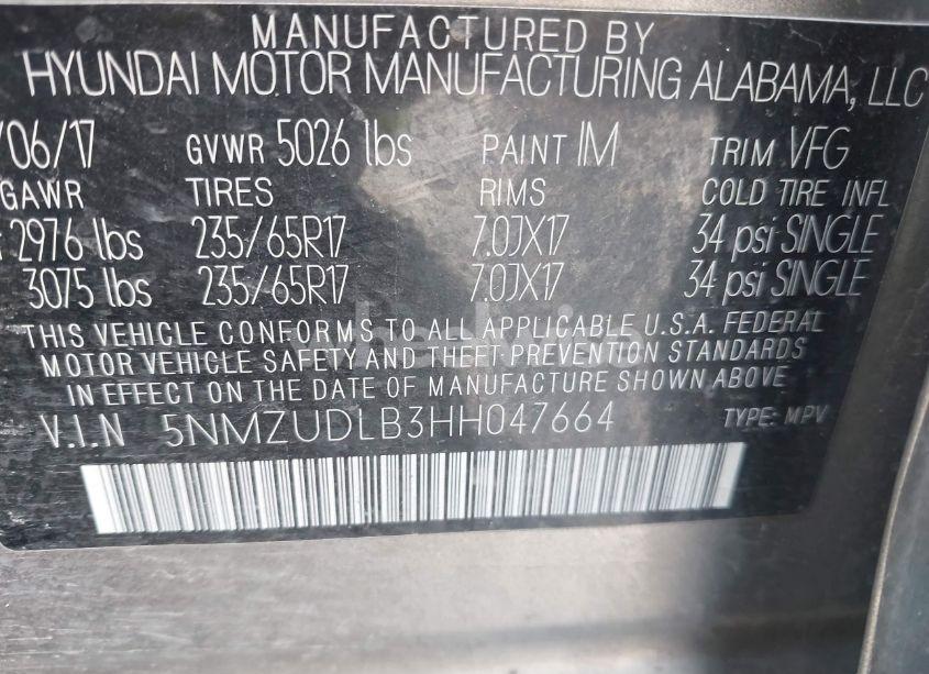 Photo 9 of 2017 Hyundai Santa FE SPORT 2.4L (VIN 5NMZUDLB3HH047664)