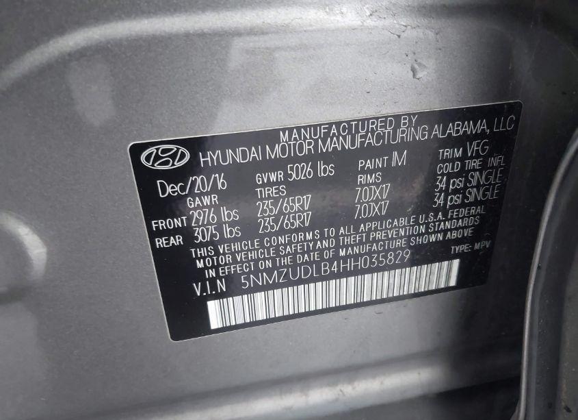 Photo 9 of 2017 Hyundai Santa FE SPORT 2.4L (VIN 5NMZUDLB4HH035829)