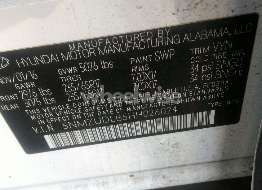 Photo 9 of 2017 Hyundai Santa FE SPORT 2.4L (VIN 5NMZUDLB5HH026024)