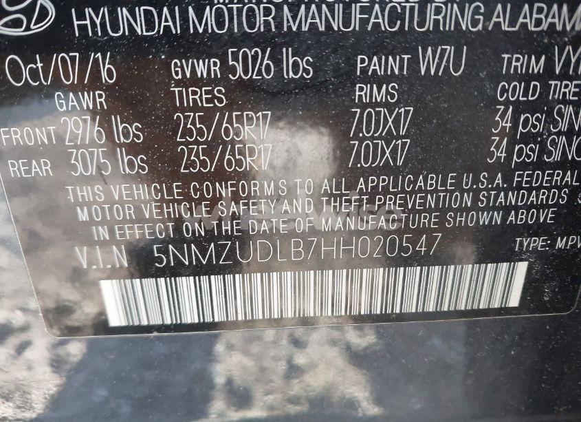 Photo 9 of 2017 Hyundai Santa FE SPORT 2.4L (VIN 5NMZUDLB7HH020547)