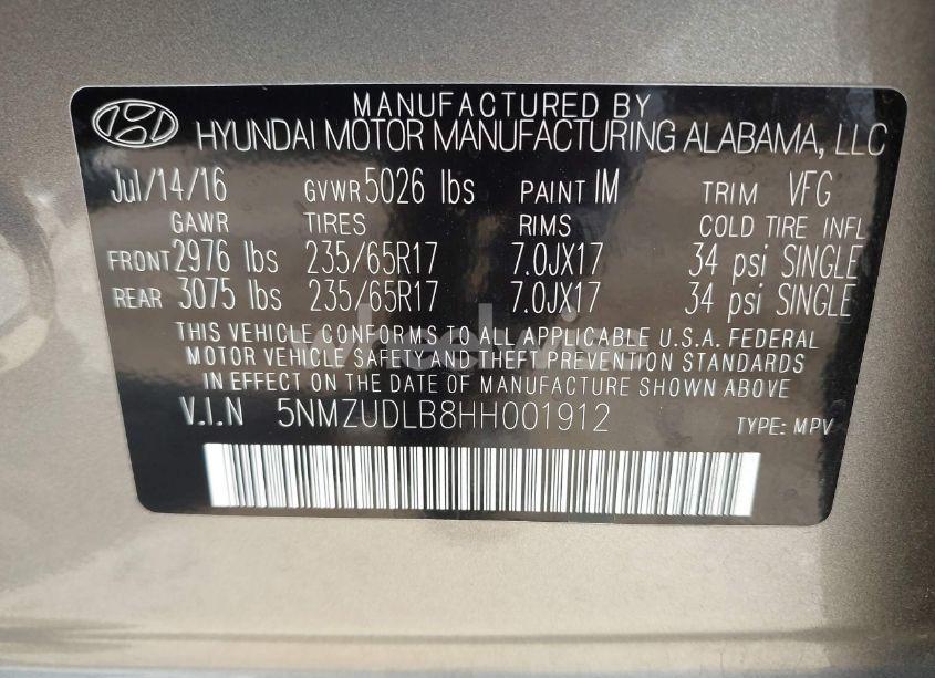 Photo 9 of 2017 Hyundai Santa FE SPORT 2.4L (VIN 5NMZUDLB8HH001912)