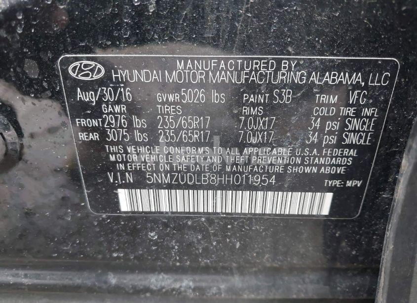 Photo 9 of 2017 Hyundai Santa FE SPORT 2.4L (VIN 5NMZUDLB8HH011954)