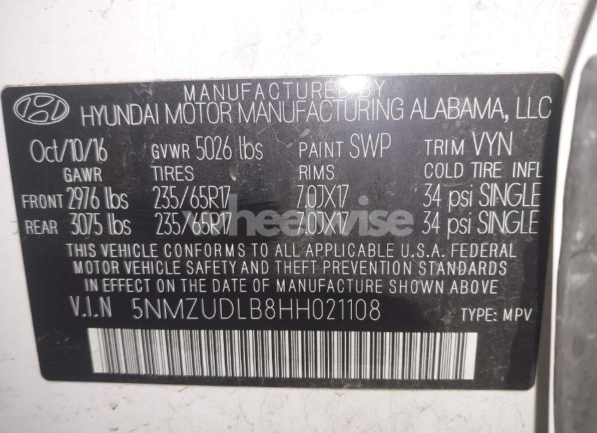 Photo 9 of 2017 Hyundai Santa FE SPORT 2.4L (VIN 5NMZUDLB8HH021108)