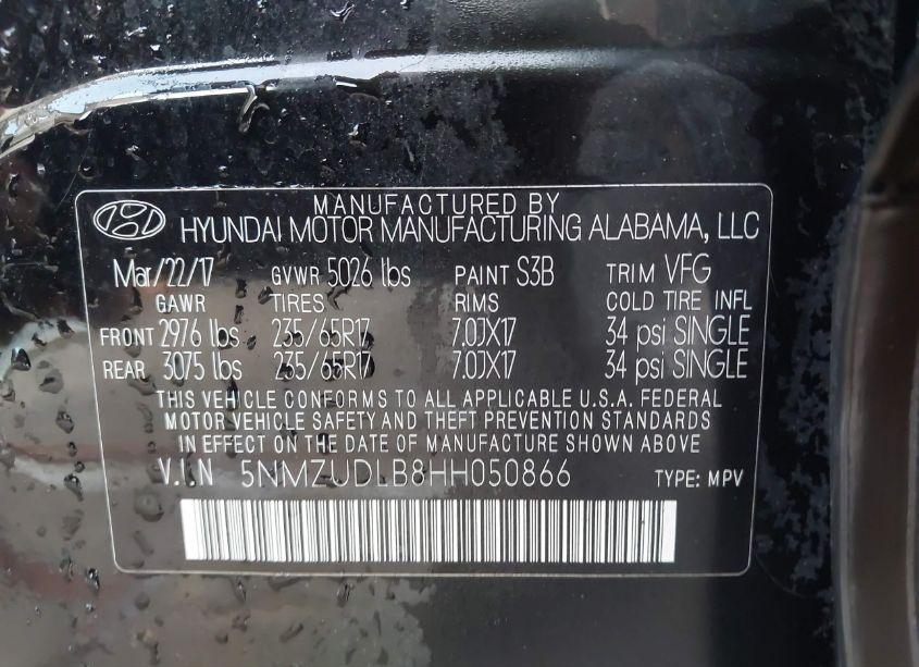 Photo 9 of 2017 Hyundai Santa FE SPORT 2.4L (VIN 5NMZUDLB8HH050866)