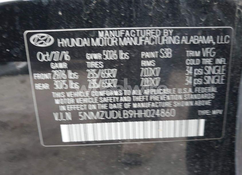 Photo 9 of 2017 Hyundai Santa FE SPORT 2.4L (VIN 5NMZUDLB9HH024860)