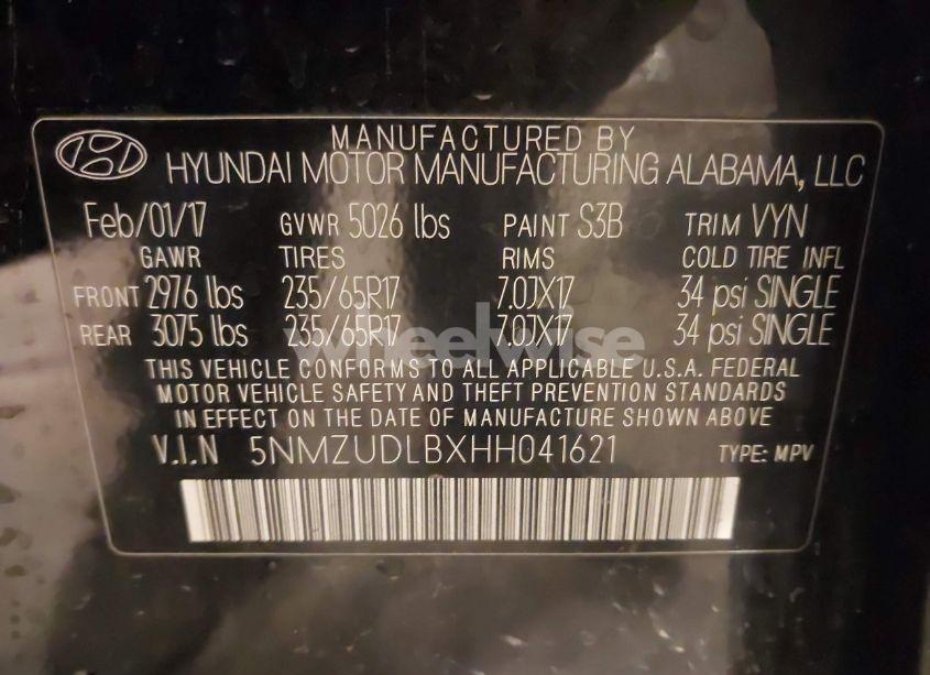 Photo 9 of 2017 Hyundai Santa FE SPORT 2.4L (VIN 5NMZUDLBXHH041621)