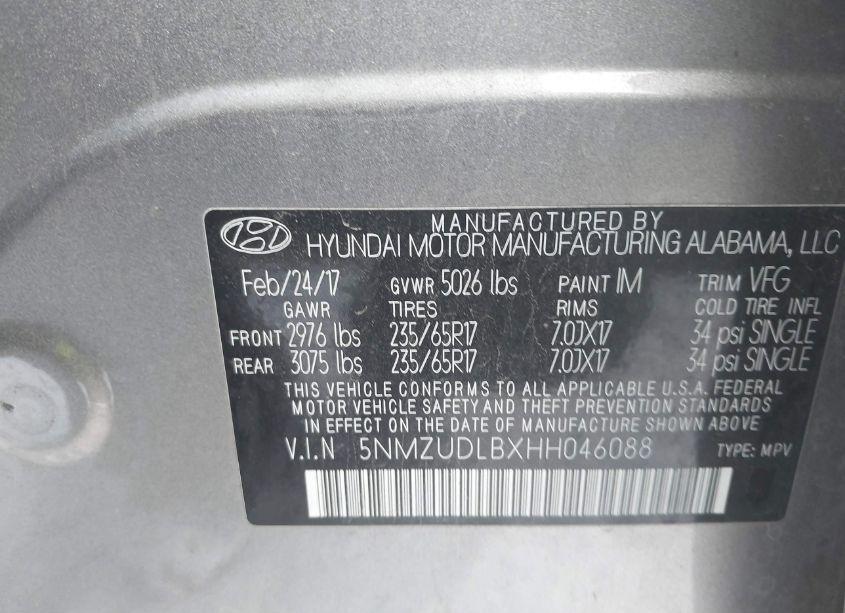 Photo 9 of 2017 Hyundai Santa FE SPORT 2.4L (VIN 5NMZUDLBXHH046088)