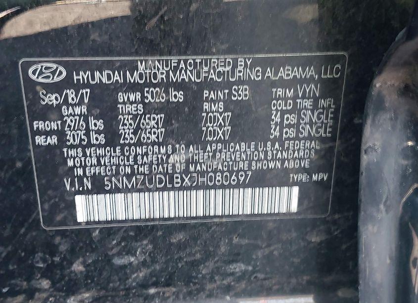 Photo 9 of 2018 Hyundai Santa FE SPORT 2.4L (VIN 5NMZUDLBXJH080697)