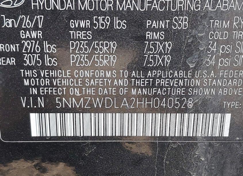 Photo 9 of 2017 Hyundai Santa FE SPORT 2.0T ULTIMATE (VIN 5NMZWDLA2HH040528)