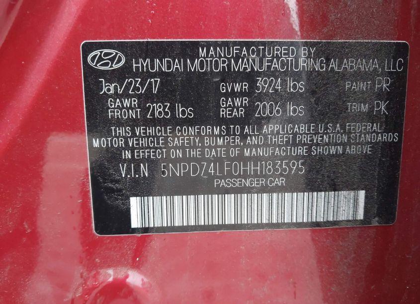 Photo 9 of 2017 Hyundai Elantra SE (VIN 5NPD74LF0HH183595)