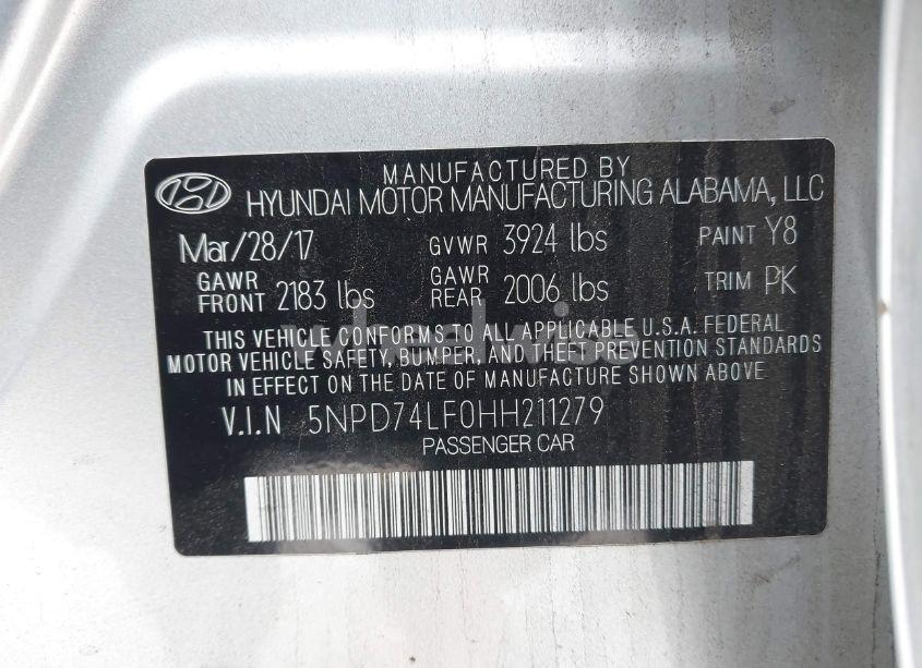 Photo 9 of 2017 Hyundai Elantra SE (VIN 5NPD74LF0HH211279)