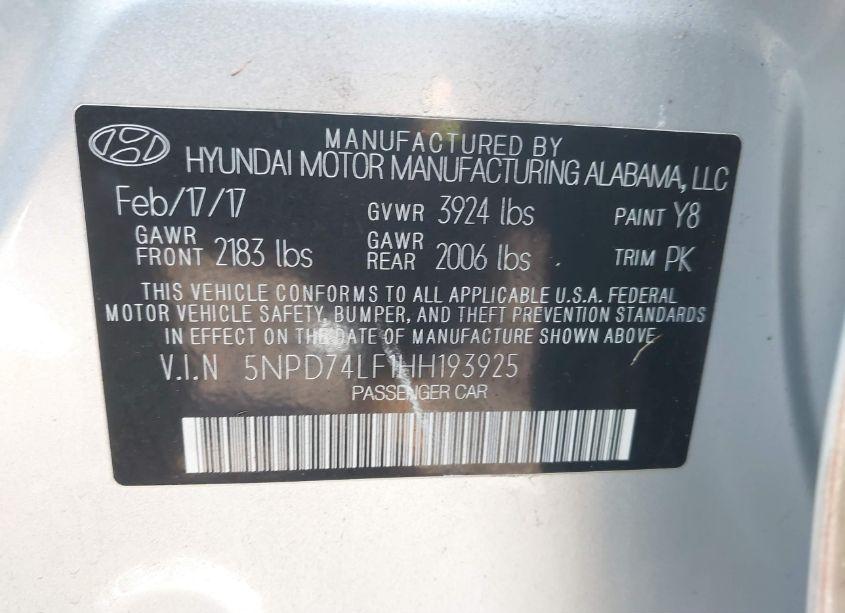 Photo 9 of 2017 Hyundai Elantra SE (VIN 5NPD74LF1HH193925)