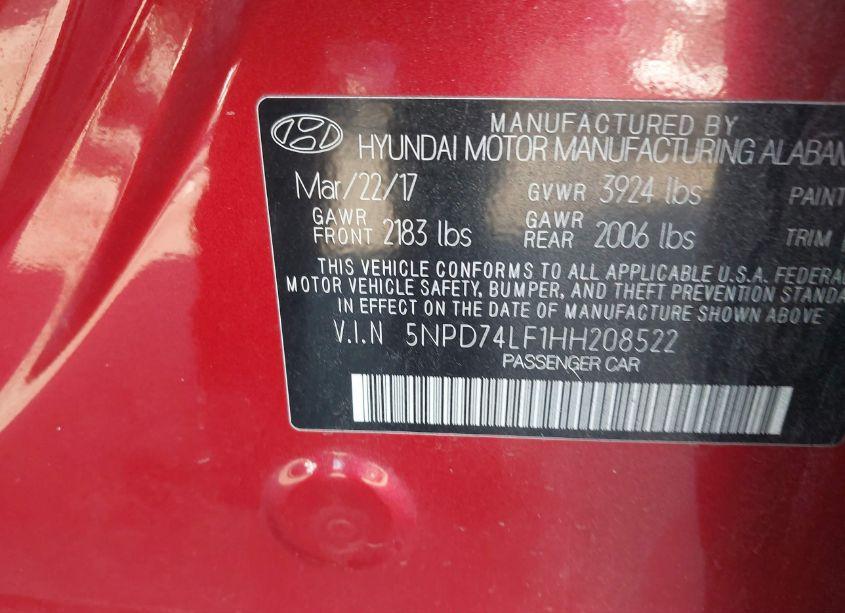 Photo 9 of 2017 Hyundai Elantra SE (VIN 5NPD74LF1HH208522)