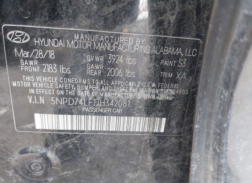 Photo 9 of 2018 Hyundai Elantra SE (VIN 5NPD74LF1JH342081)