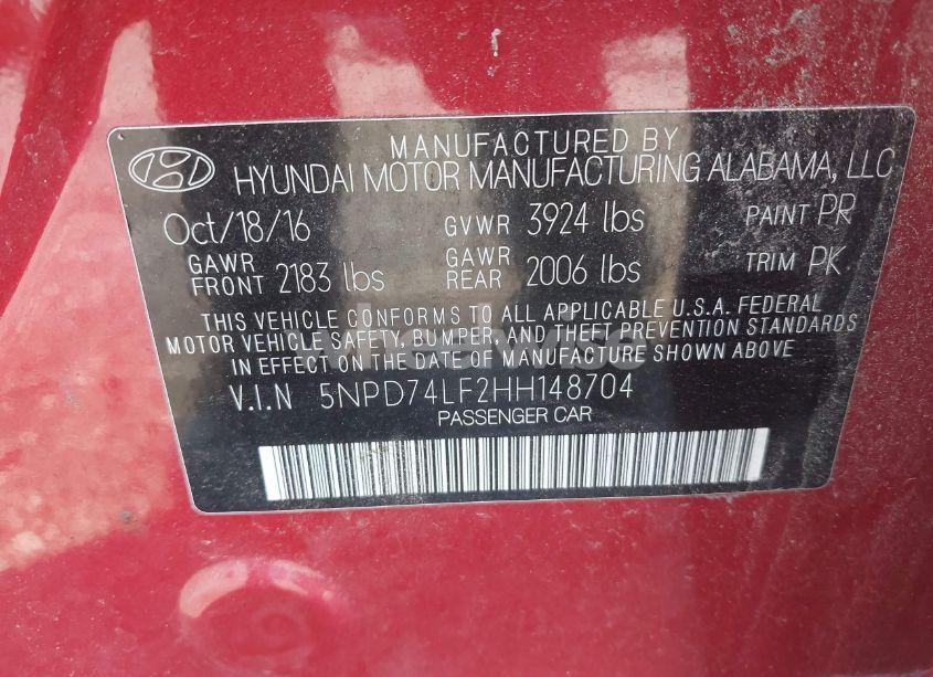 Photo 9 of 2017 Hyundai Elantra SE (VIN 5NPD74LF2HH148704)