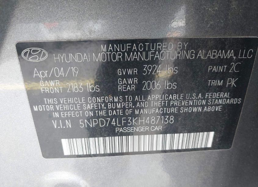 Photo 9 of 2019 Hyundai Elantra SE (VIN 5NPD74LF3KH487138)