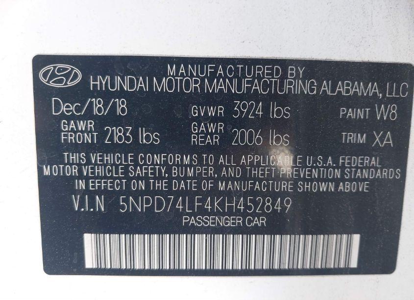 Photo 9 of 2019 Hyundai Elantra SE (VIN 5NPD74LF4KH452849)