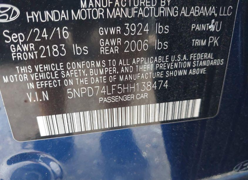 Photo 9 of 2017 Hyundai Elantra SE (VIN 5NPD74LF5HH138474)