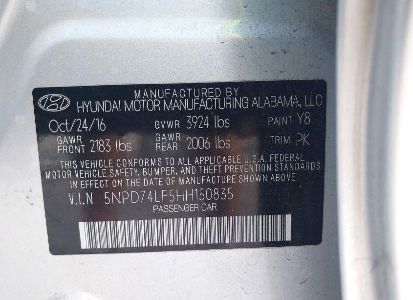 Photo 9 of 2017 Hyundai Elantra SE (VIN 5NPD74LF5HH150835)