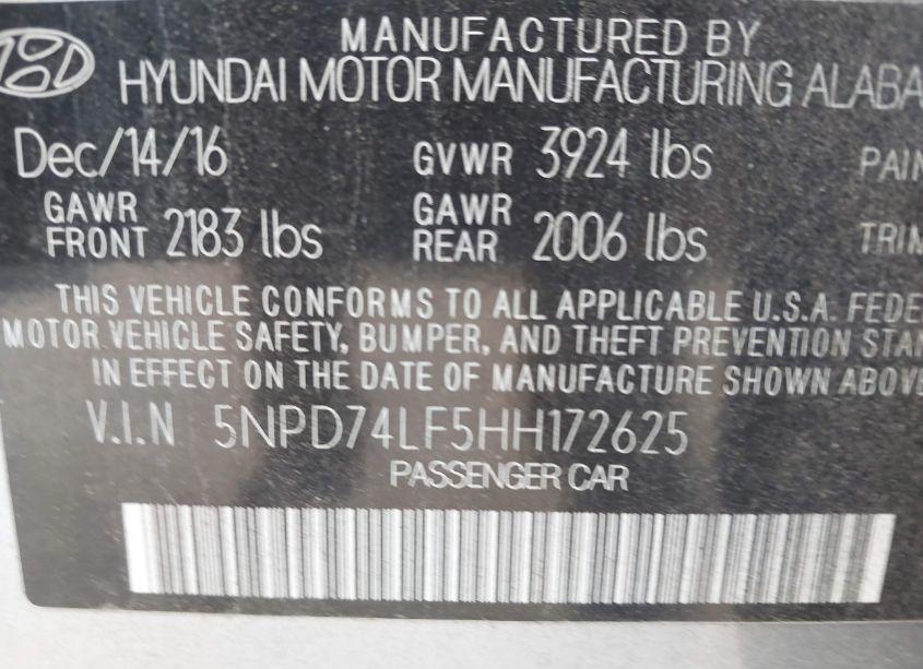 Photo 9 of 2017 Hyundai Elantra SE (VIN 5NPD74LF5HH172625)