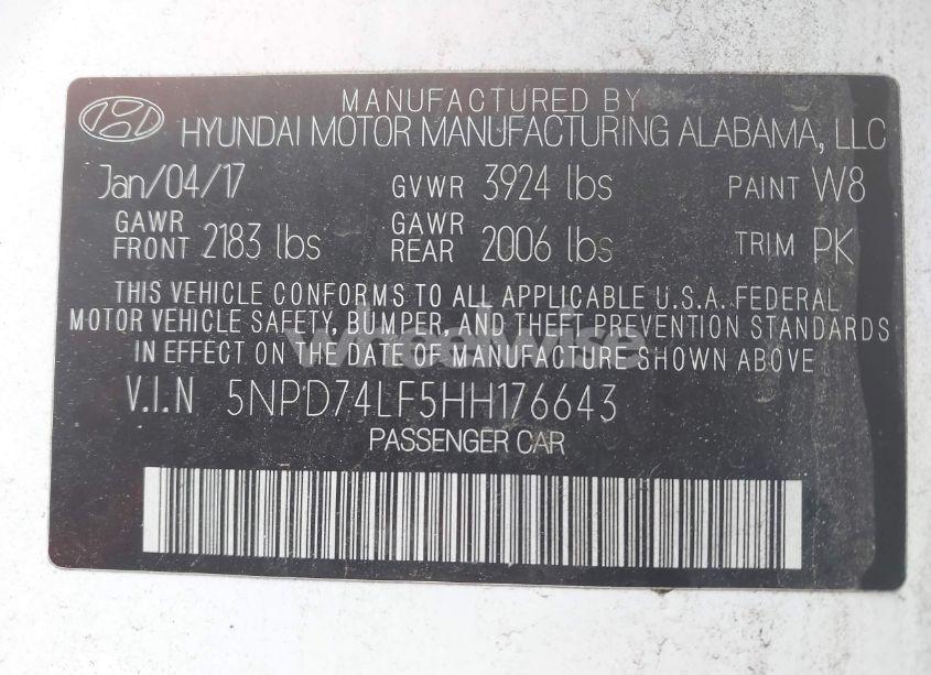 Photo 9 of 2017 Hyundai Elantra SE (VIN 5NPD74LF5HH176643)