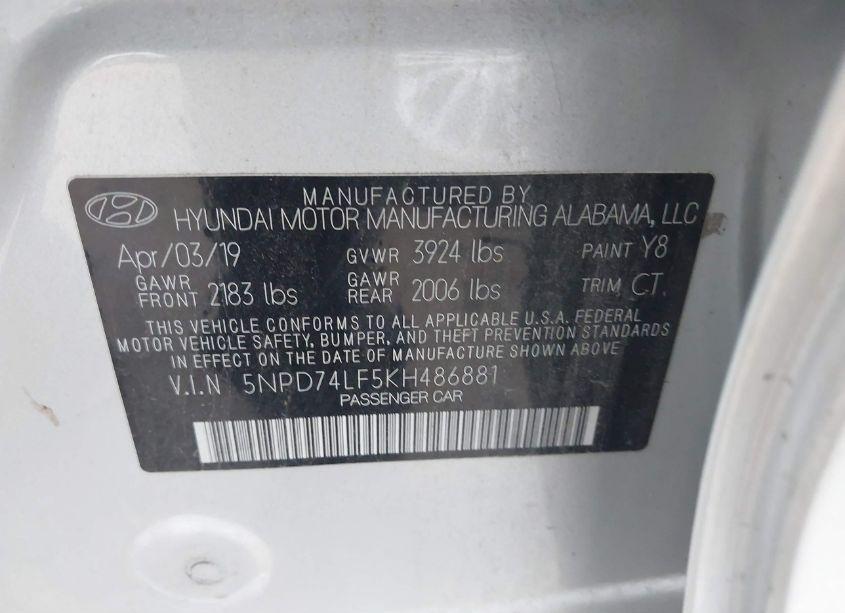 Photo 9 of 2019 Hyundai Elantra SE (VIN 5NPD74LF5KH486881)