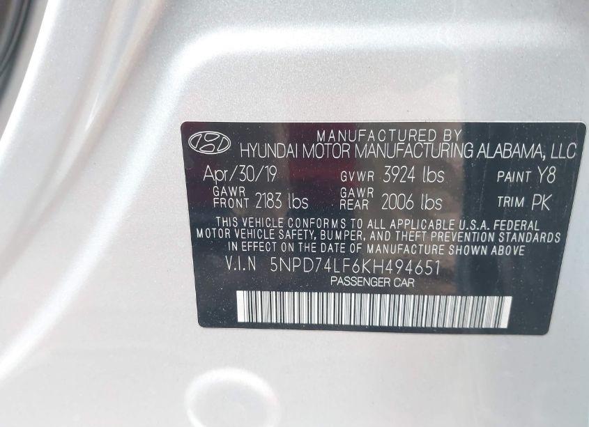 Photo 9 of 2019 Hyundai Elantra SE (VIN 5NPD74LF6KH494651)