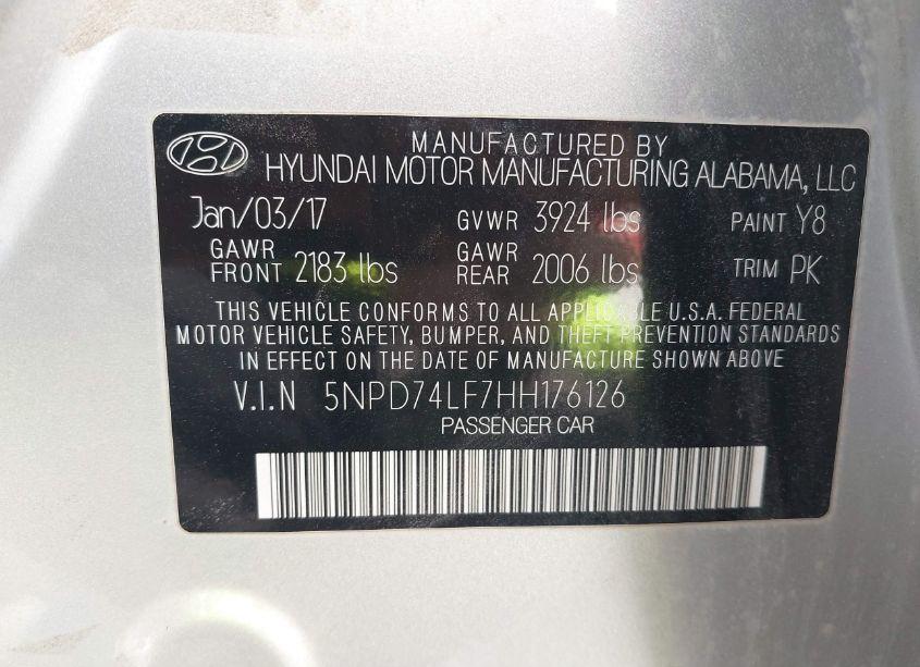 Photo 9 of 2017 Hyundai Elantra SE (VIN 5NPD74LF7HH176126)