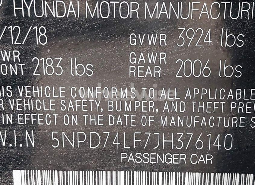 Photo 9 of 2018 Hyundai Elantra SE (VIN 5NPD74LF7JH376140)