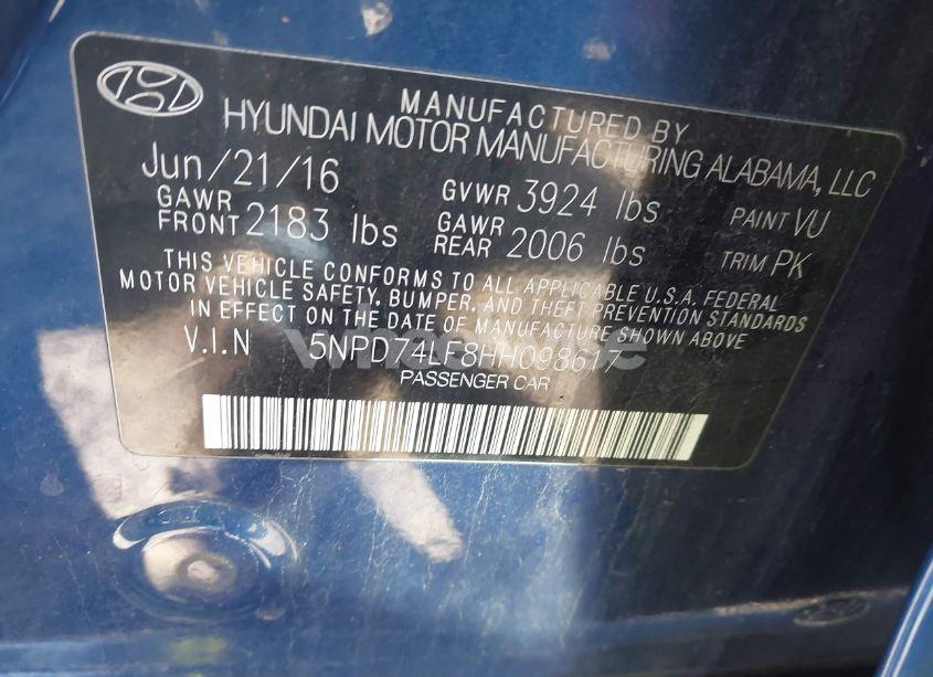 Photo 9 of 2017 Hyundai Elantra SE (VIN 5NPD74LF8HH098617)