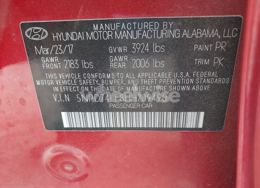 Photo 9 of 2017 Hyundai Elantra SE (VIN 5NPD74LF8HH209490)