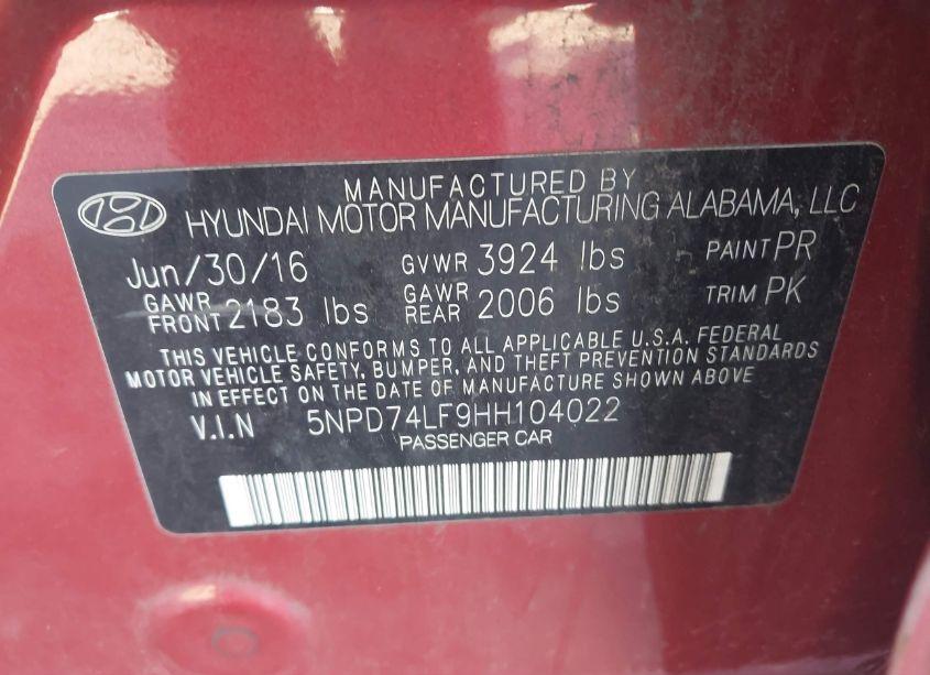 Photo 9 of 2017 Hyundai Elantra SE (VIN 5NPD74LF9HH104022)