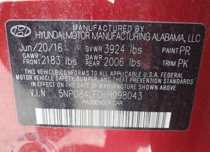 Photo 9 of 2017 Hyundai Elantra LIMITED (VIN 5NPD84LF0HH098043)