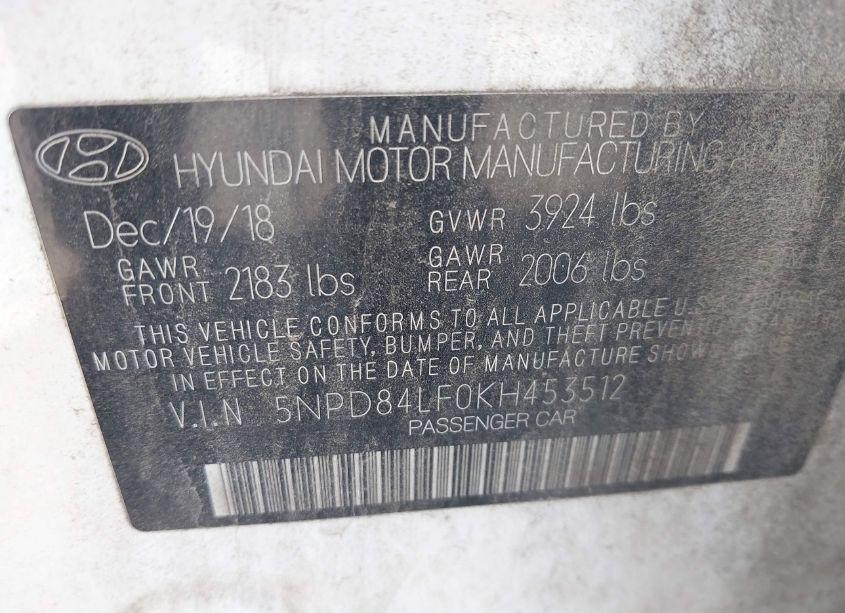 Photo 9 of 2019 Hyundai Elantra SEL (VIN 5NPD84LF0KH453512)