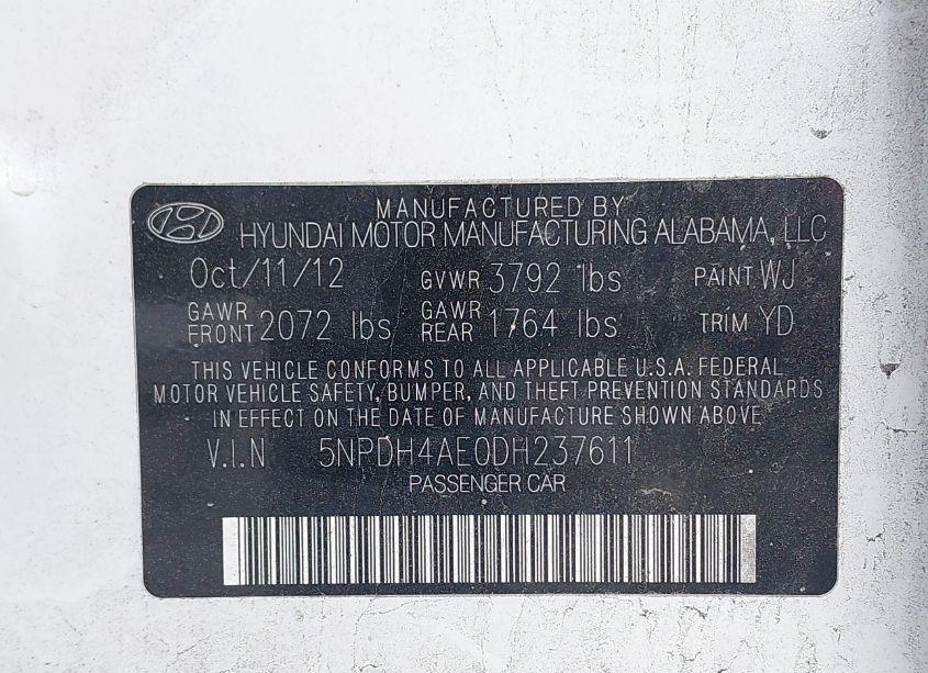 Photo 9 of 2013 Hyundai Elantra LIMITED (VIN 5NPDH4AE0DH237611)