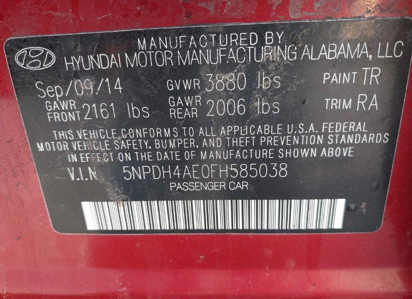 Photo 9 of 2015 Hyundai Elantra SE (VIN 5NPDH4AE0FH585038)