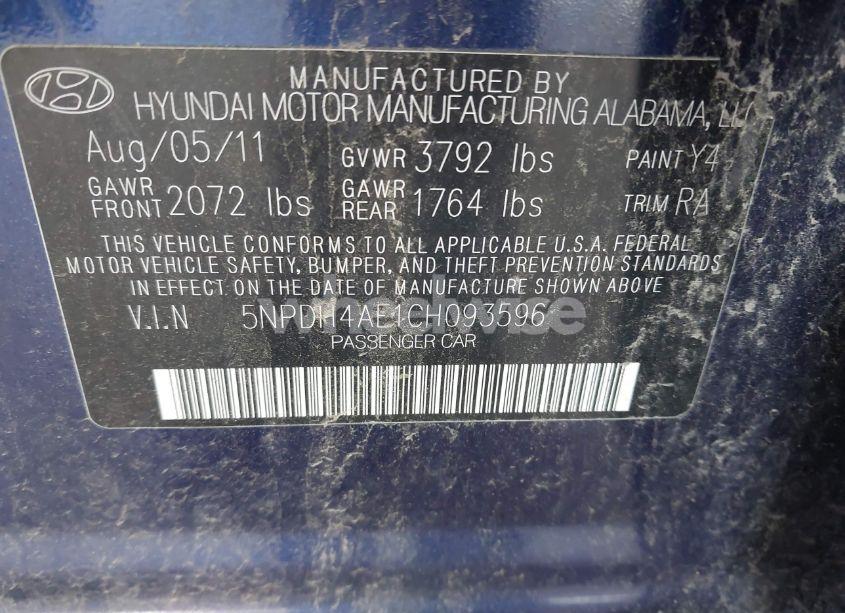 Photo 9 of 2012 Hyundai Elantra LIMITED (VIN 5NPDH4AE1CH093596)