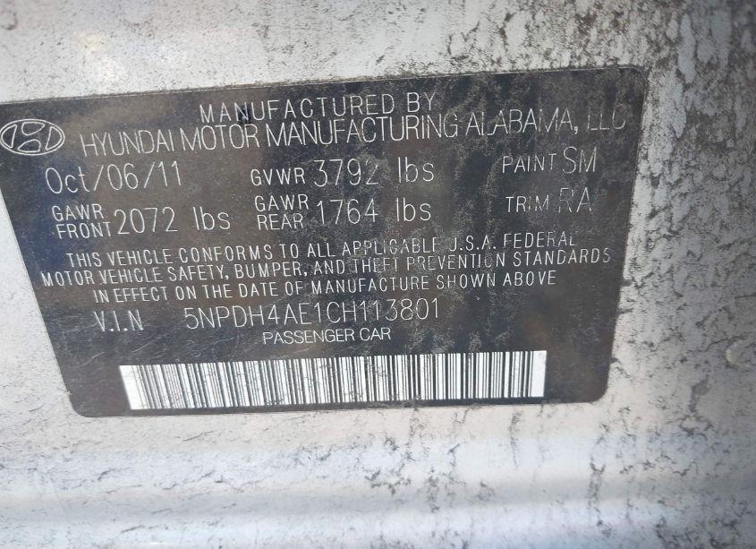 Photo 9 of 2012 Hyundai Elantra LIMITED (VIN 5NPDH4AE1CH113801)