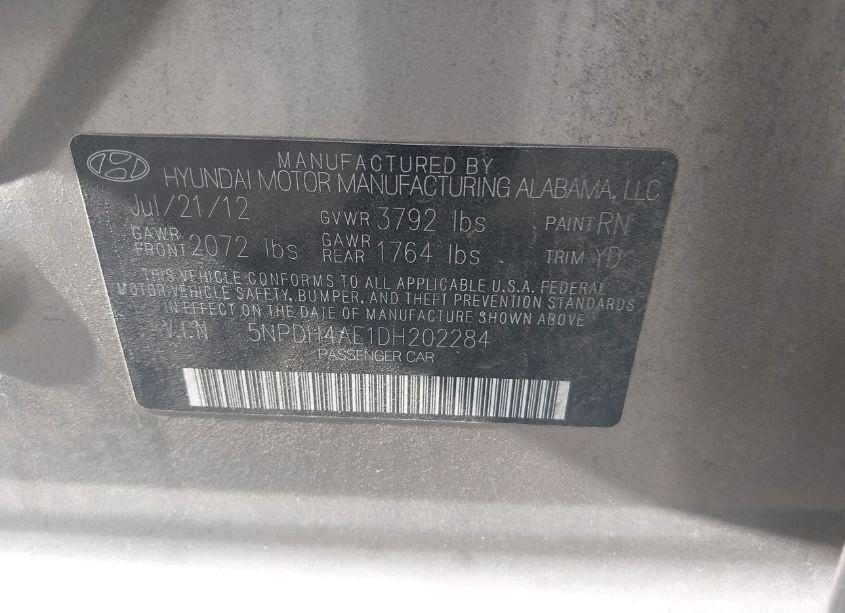 Photo 9 of 2013 Hyundai Elantra LIMITED (VIN 5NPDH4AE1DH202284)