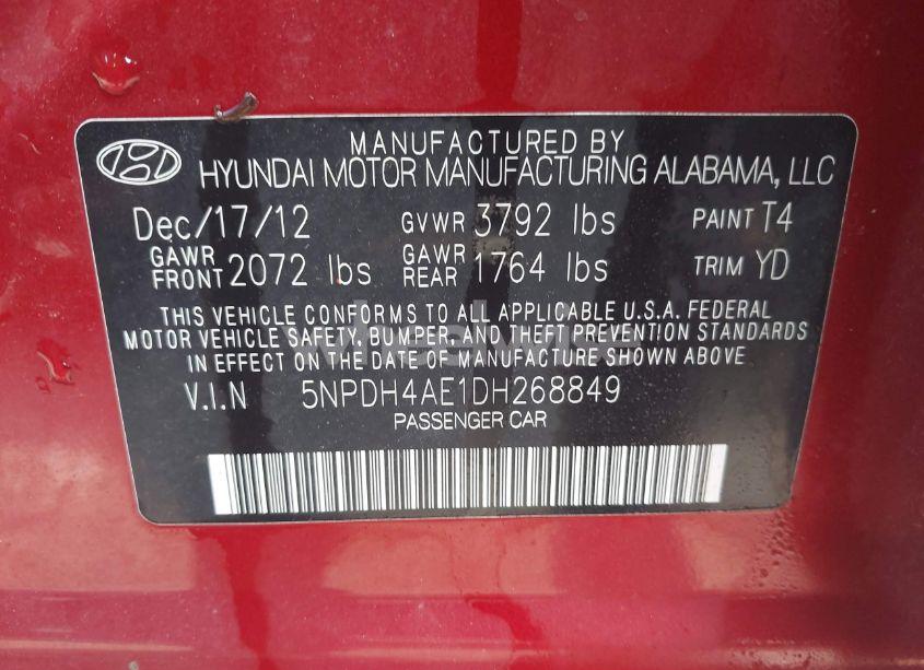 Photo 9 of 2013 Hyundai Elantra LIMITED (VIN 5NPDH4AE1DH268849)