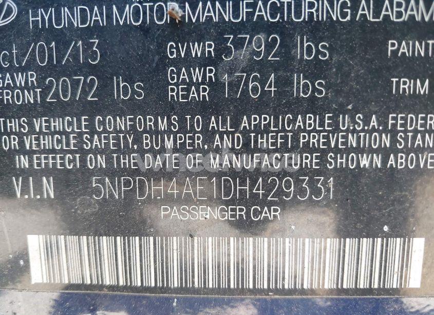 Photo 9 of 2013 Hyundai Elantra LIMITED (VIN 5NPDH4AE1DH429331)