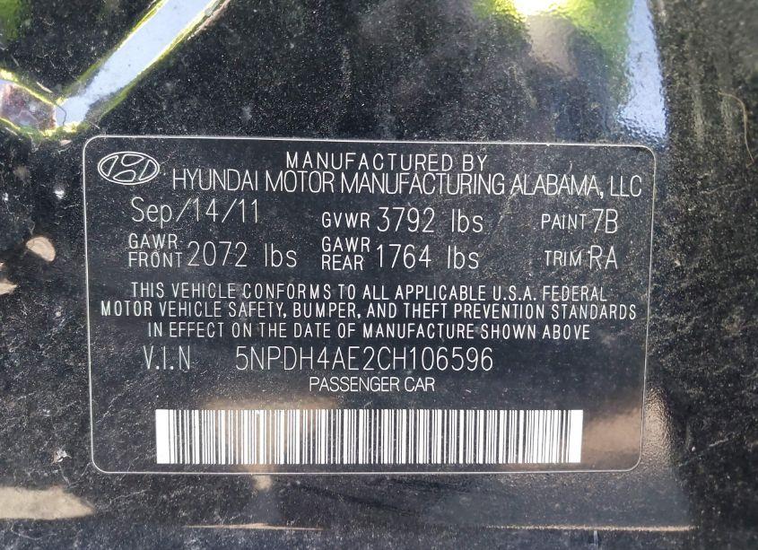 Photo 9 of 2012 Hyundai Elantra LIMITED (VIN 5NPDH4AE2CH106596)