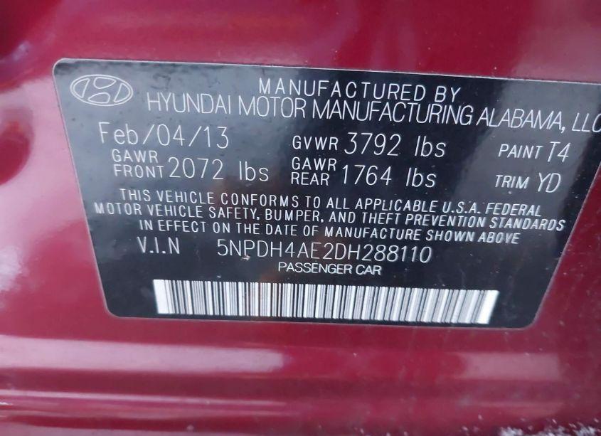 Photo 9 of 2013 Hyundai Elantra GLS (VIN 5NPDH4AE2DH288110)