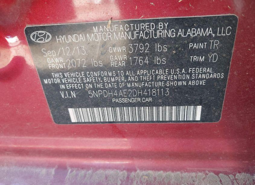 Photo 9 of 2013 Hyundai Elantra LIMITED (VIN 5NPDH4AE2DH418113)