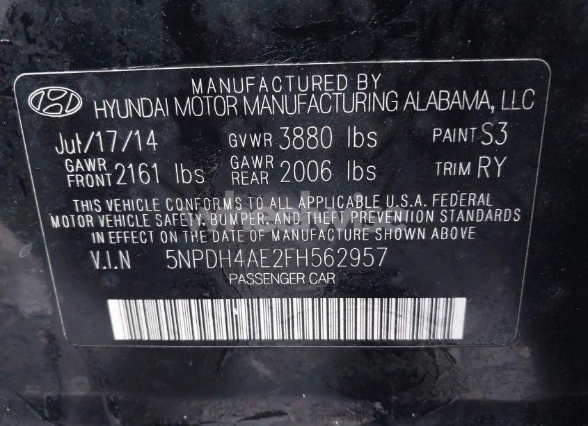 Photo 9 of 2015 Hyundai Elantra LIMITED (VIN 5NPDH4AE2FH562957)