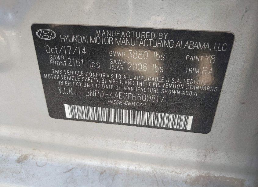 Photo 9 of 2015 Hyundai Elantra LIMITED (VIN 5NPDH4AE2FH600817)