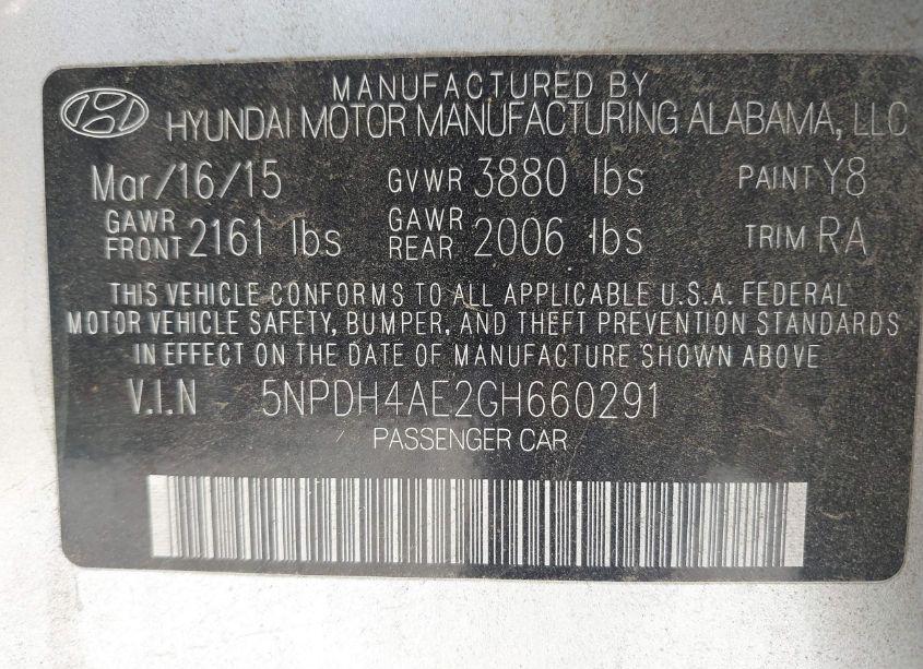 Photo 9 of 2016 Hyundai Elantra SE (VIN 5NPDH4AE2GH660291)