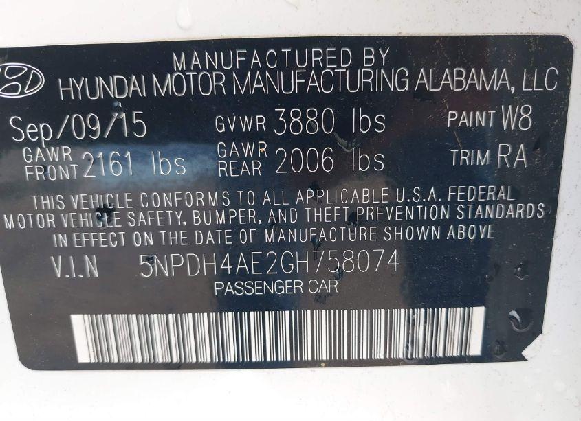 Photo 9 of 2016 Hyundai Elantra SE (VIN 5NPDH4AE2GH758074)