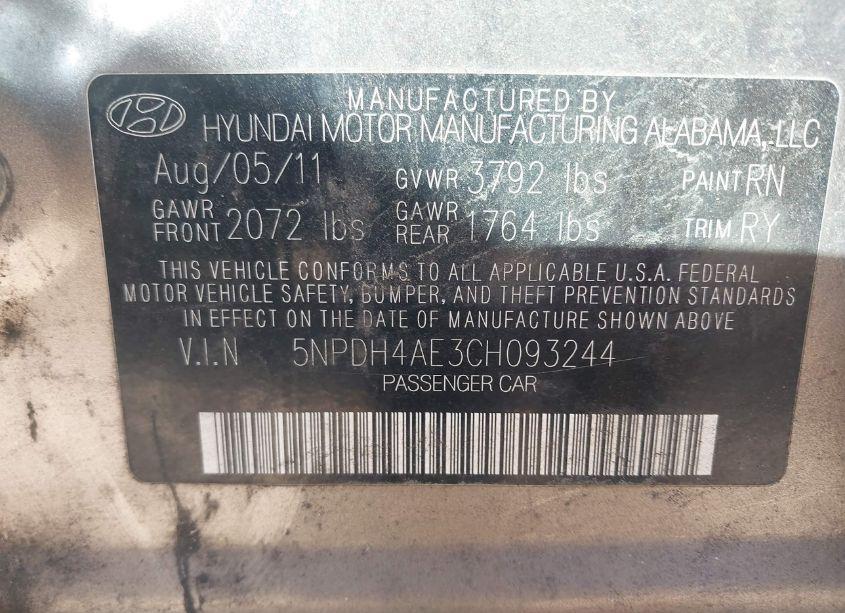 Photo 9 of 2012 Hyundai Elantra LIMITED (VIN 5NPDH4AE3CH093244)